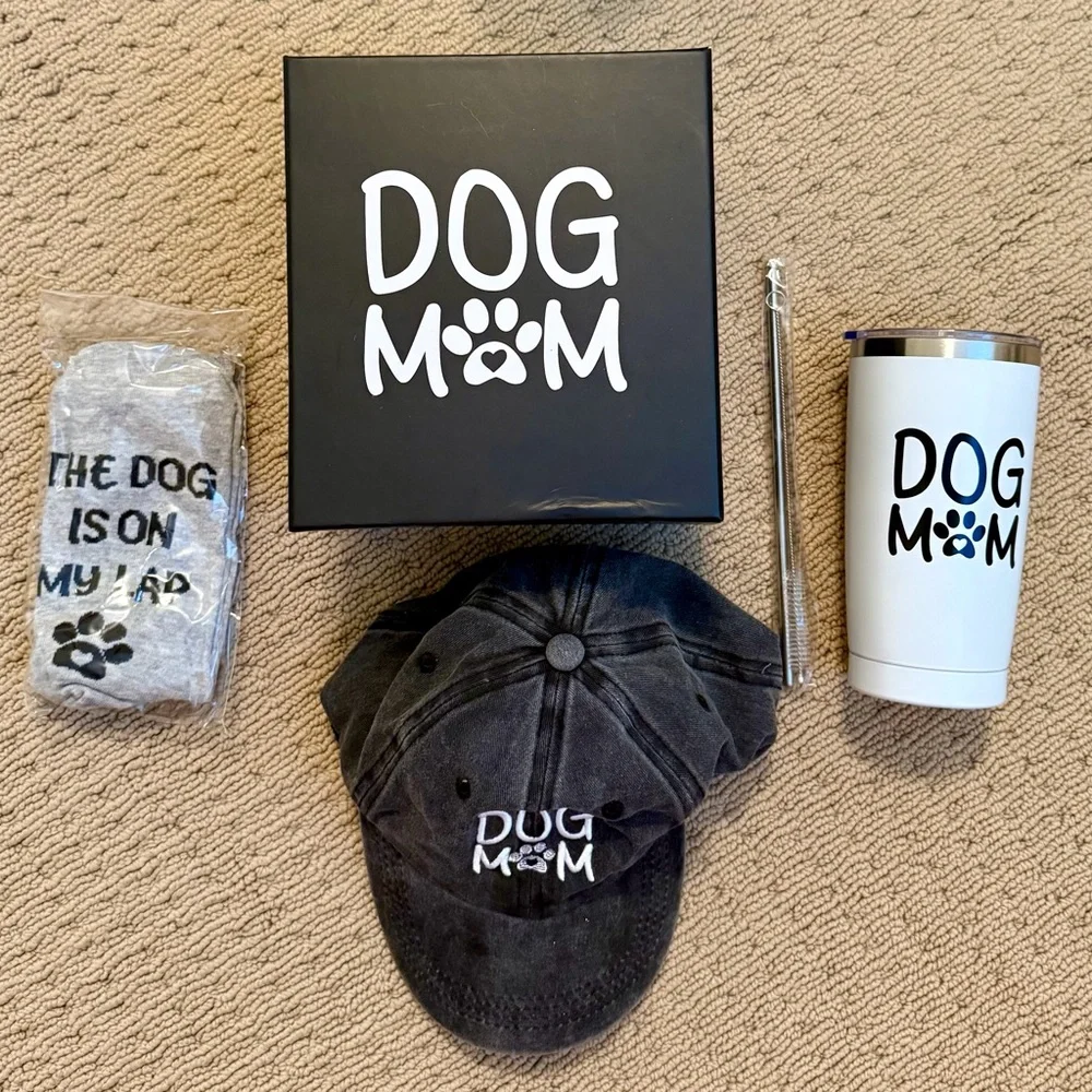 New in Box! Dog Mom Essentials Set - Hat , socks, water bottle, and straw.